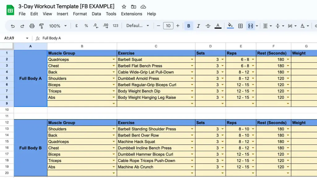 3-Day Full Body Workout Split Example in Google Sheets Format