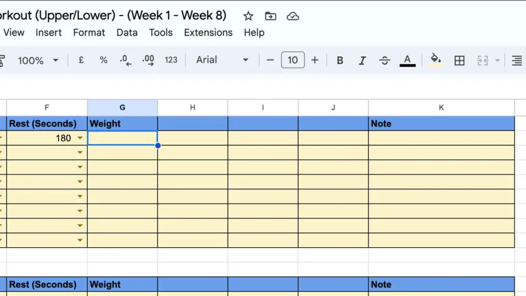 Weight and Note Columns in Workout Template